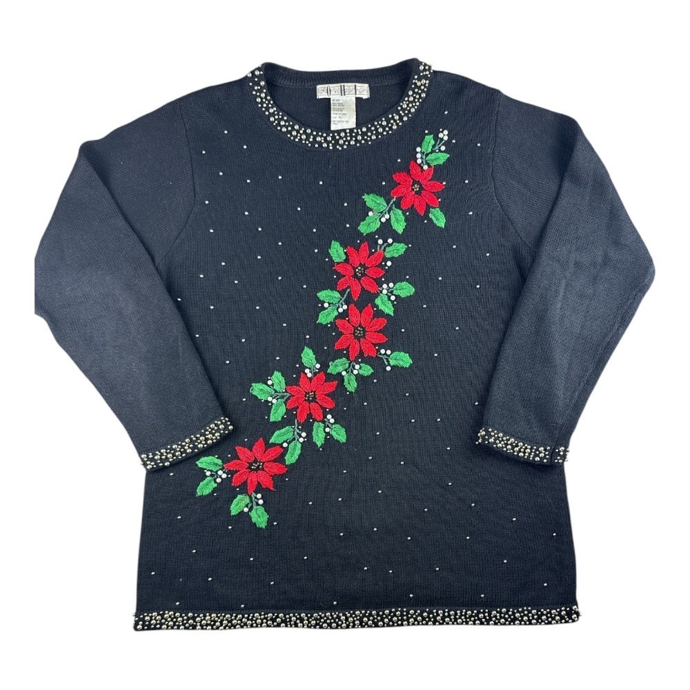 Vintage OHI Black Beaded Poinsettia Christmas Sweater XL Cotton Holiday Party